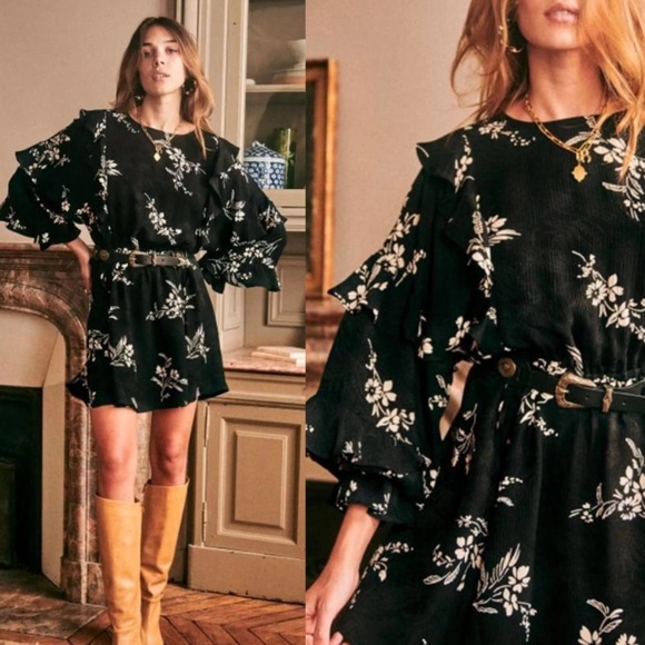 Sezane Lali Floral Ruffle Mini Dress Two Toned Jacquard Black Size 36 US 4 - Picture 1 of 13